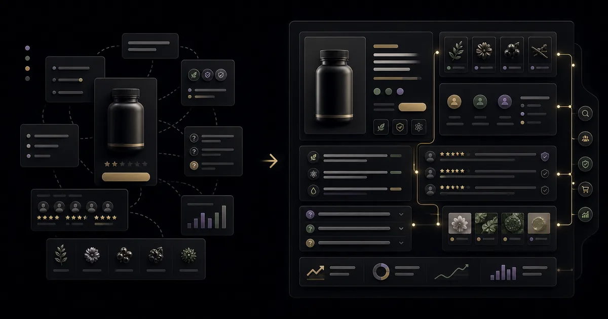 Before-and-after abstract product page architecture for an AI-PDP in a Shopify health category.