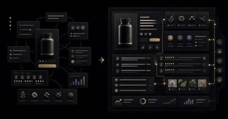 Before-and-after abstract product page architecture for an AI-PDP in a Shopify health category.