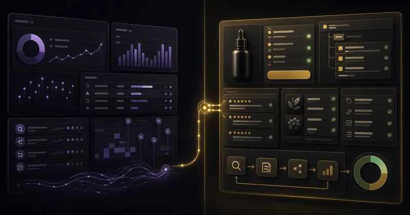 Split abstract visual of an AI search monitoring dashboard and a product-context workbench.