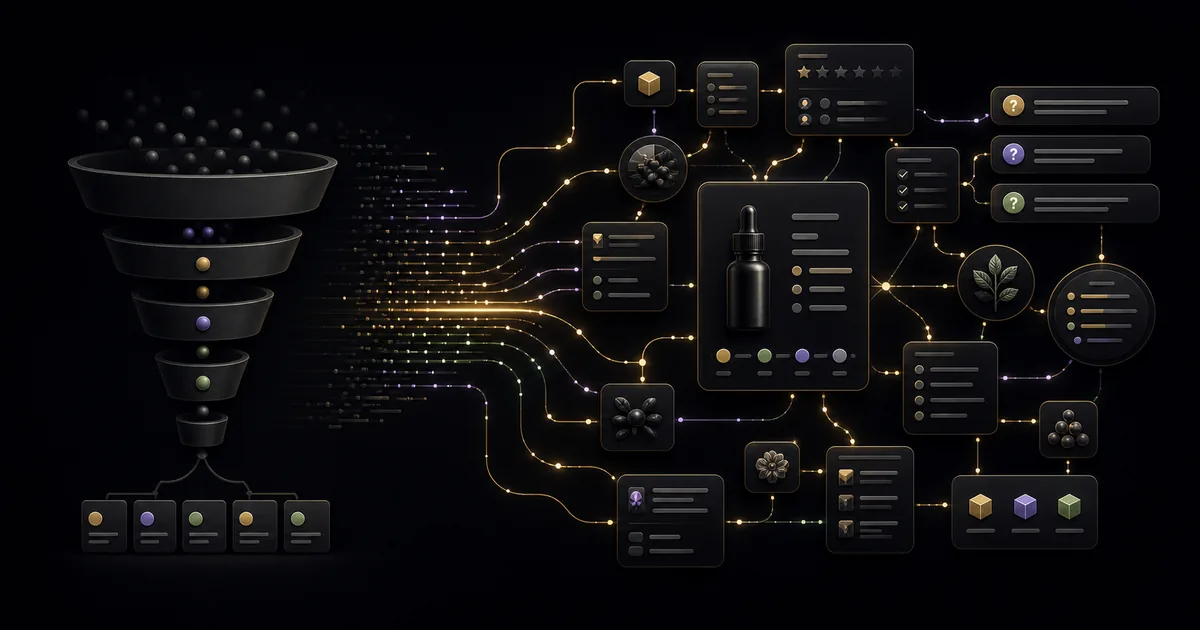Abstract product-context graph replacing a simple keyword funnel for AI shopping strategy.