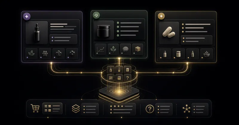 Three abstract AI answer panels receiving product data from one structured commerce source.