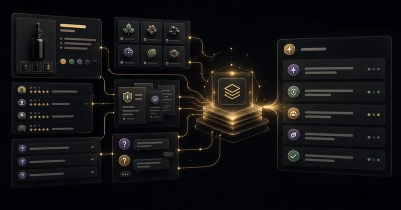 Abstract commerce facts from PDPs, reviews, FAQs, claims, and buyer questions flowing into one AI answer layer.