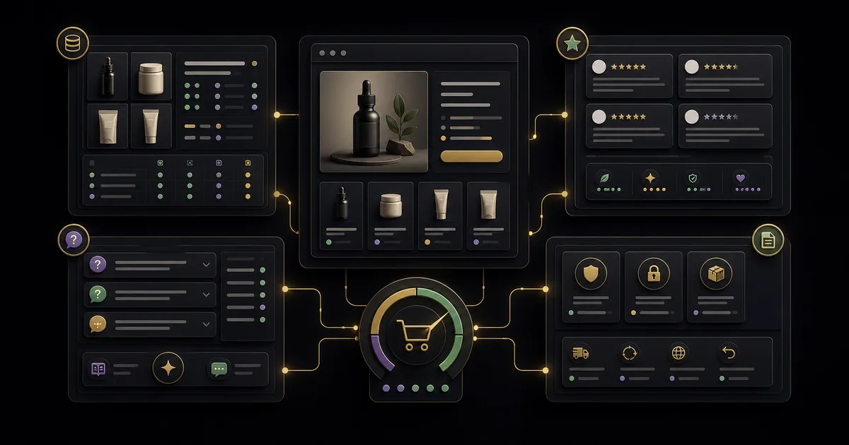 Abstract Shopify storefront audit board showing product data, reviews, FAQs, policies, and measurement modules.