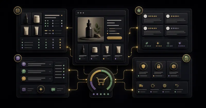 Abstract Shopify storefront audit board showing product data, reviews, FAQs, policies, and measurement modules.