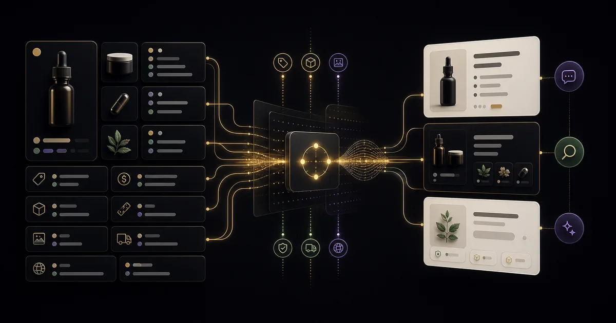 Abstract catalog fields flowing through a data exchange layer into AI shopping answer surfaces.