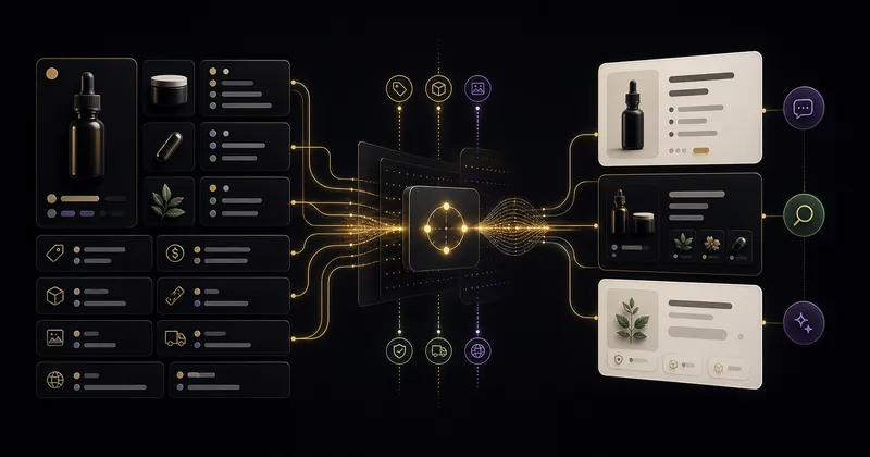 Abstract catalog fields flowing through a data exchange layer into AI shopping answer surfaces.
